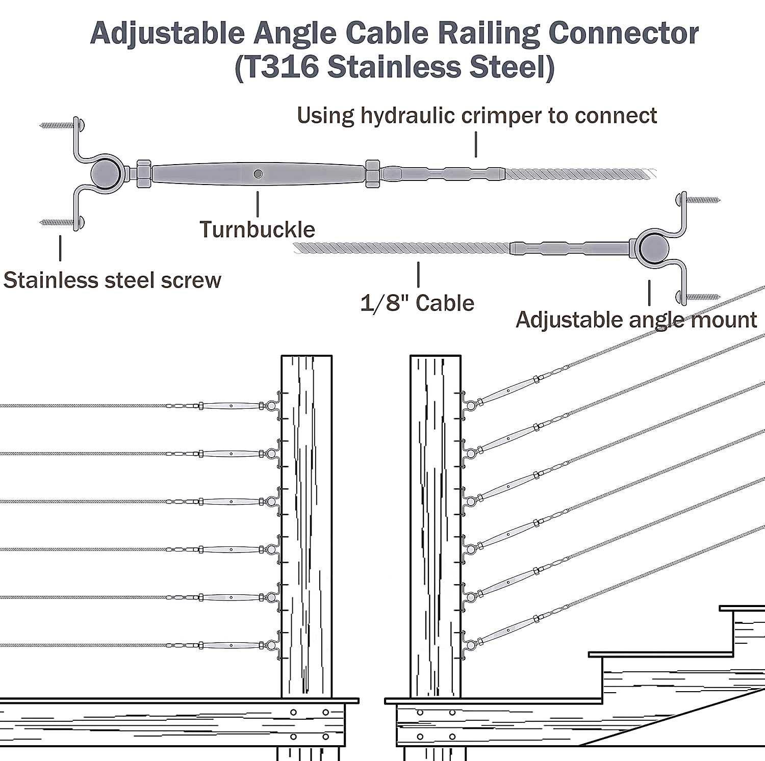 Angled Cable Railing Heavy-Duty Black Cable Railing Kit with Adjustable Threads and Angle ...