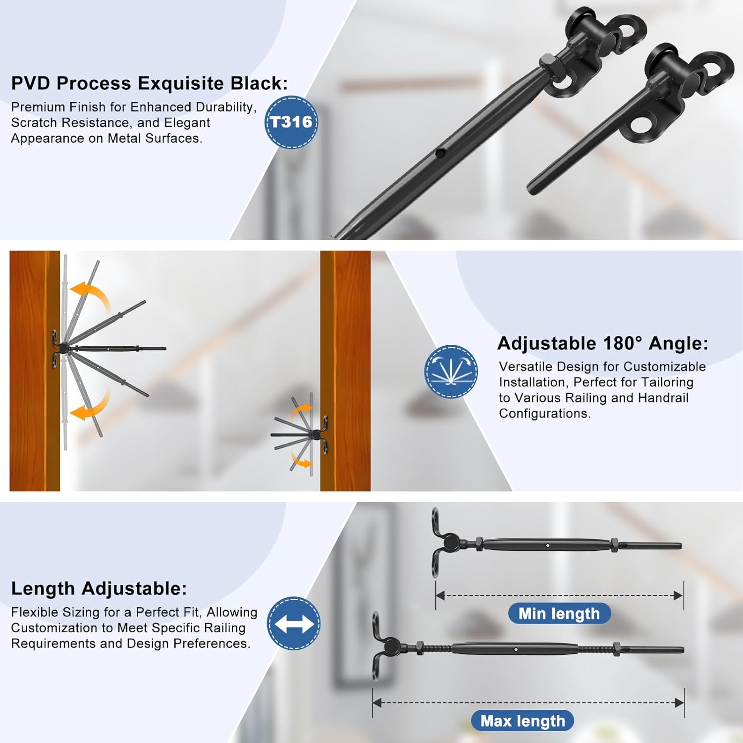 Heavy-Duty Black Cable Railing Kit with Adjustable Threads and Angle ...
